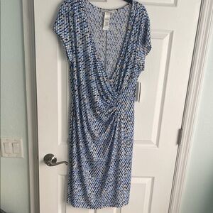 Laundry by Design - Blue and Yellow Geometric Print Faux Wrap Dress